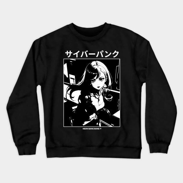 Retro 80s Cyberpunk Girl Manga Aesthetic Goth Grunge Japanese Waifu Anime Streetwear - Black Crewneck Sweatshirt by Neon Bang Bang